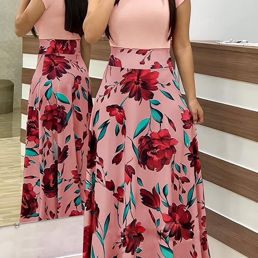 Printed Splicing Crew Neck Dress, Elegant Short Sleeve Slim Waist Pleated Maxi Dress, Women’s Clothing For Elegant Dressing Clothing Shop Online at Dubai Trades 2