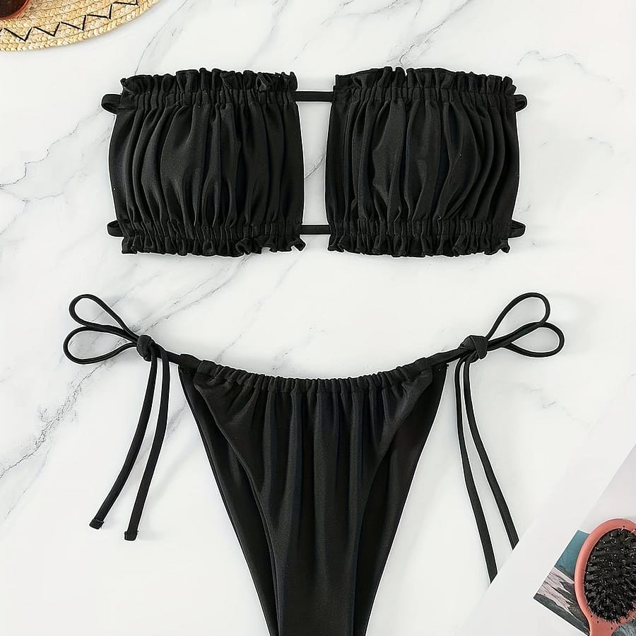 Ruched Bra Top Double Drawstring Bandeau Tie Side High Cut 2 Piece Bikini Swimsuit, Women’s Swimwear Bikinis Shop Online at Dubai Trades 2