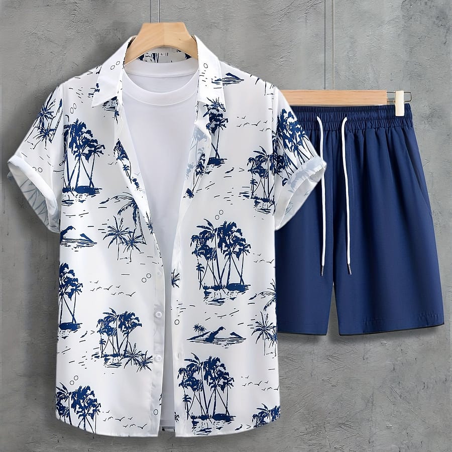 Trees, Men’s 2pcs, Short Sleeve Button Up Shirt And Drawstring Ord Set Active Shop Online at Dubai Trades 2