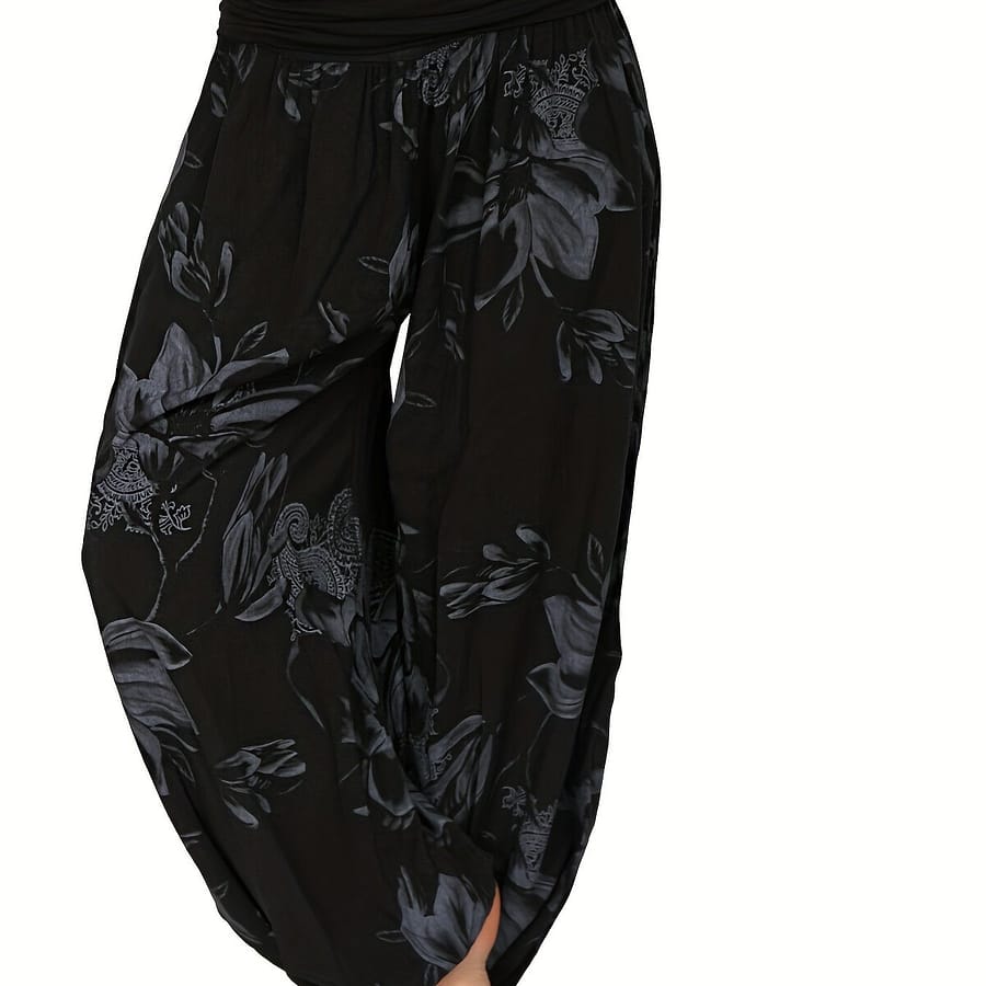 Women’s Floral Print Harem Pants – Lightweight Polyester, Wide Leg, Casual , Blue And White Flowers, Relaxed Fit Pants| Pants|machine Washable Fabric, Ladies Pants Clothing Shop Online at Dubai Trades 2
