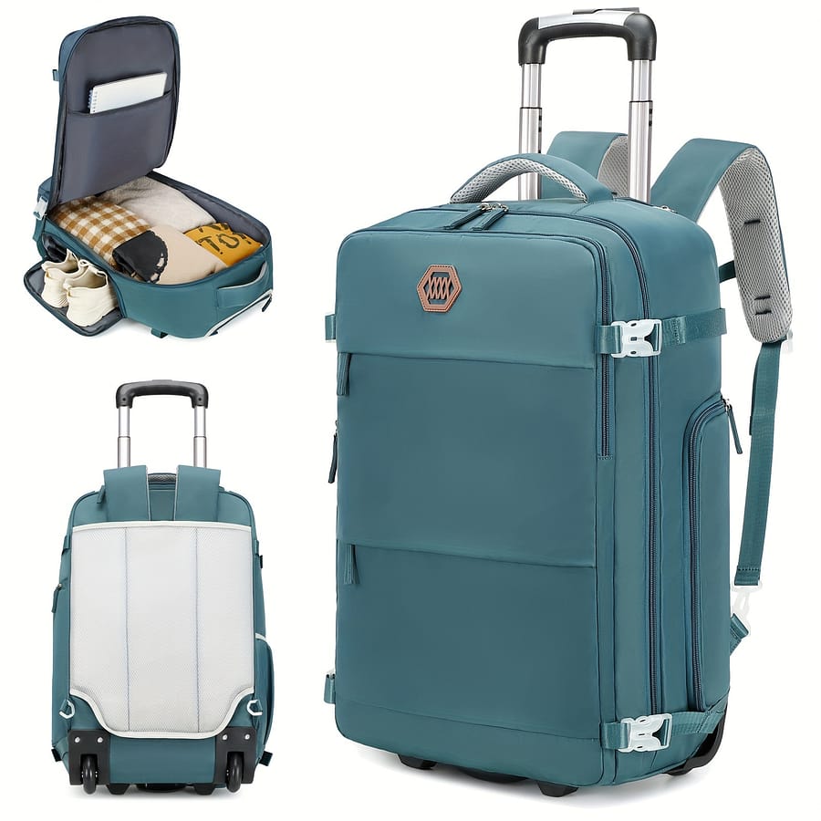 Teal Rolling Backpack With Wheels – 17-inch Laptop Travel Bag, Oxford Fabric, Aluminum Trolley, Multiple Compartments, Umbrella Holder, For Business & College, Lake Blue Clothing, Shoes & Jewelry Shop Online at Dubai Trades 2