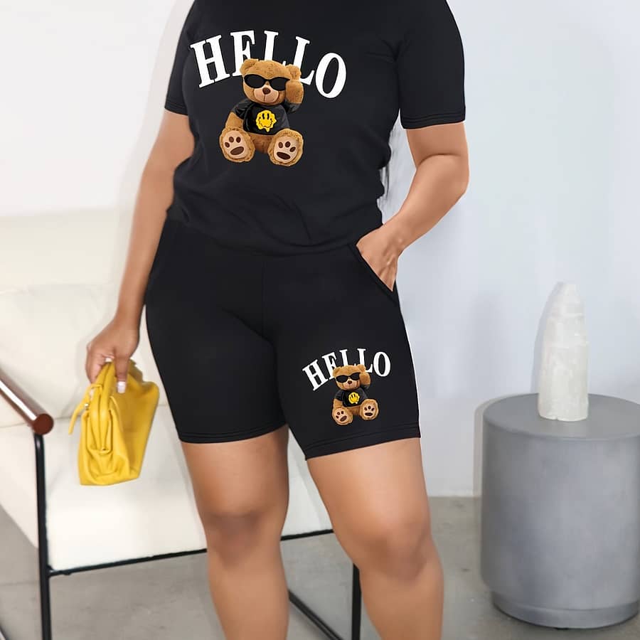 Teddy Bear Print Shorts Set, Casual Crew Neck Short Sleeve Top & Elastic Waist Skinny Shorts Outfits, Women’s Clothing Clothing Shop Online at Dubai Trades 2