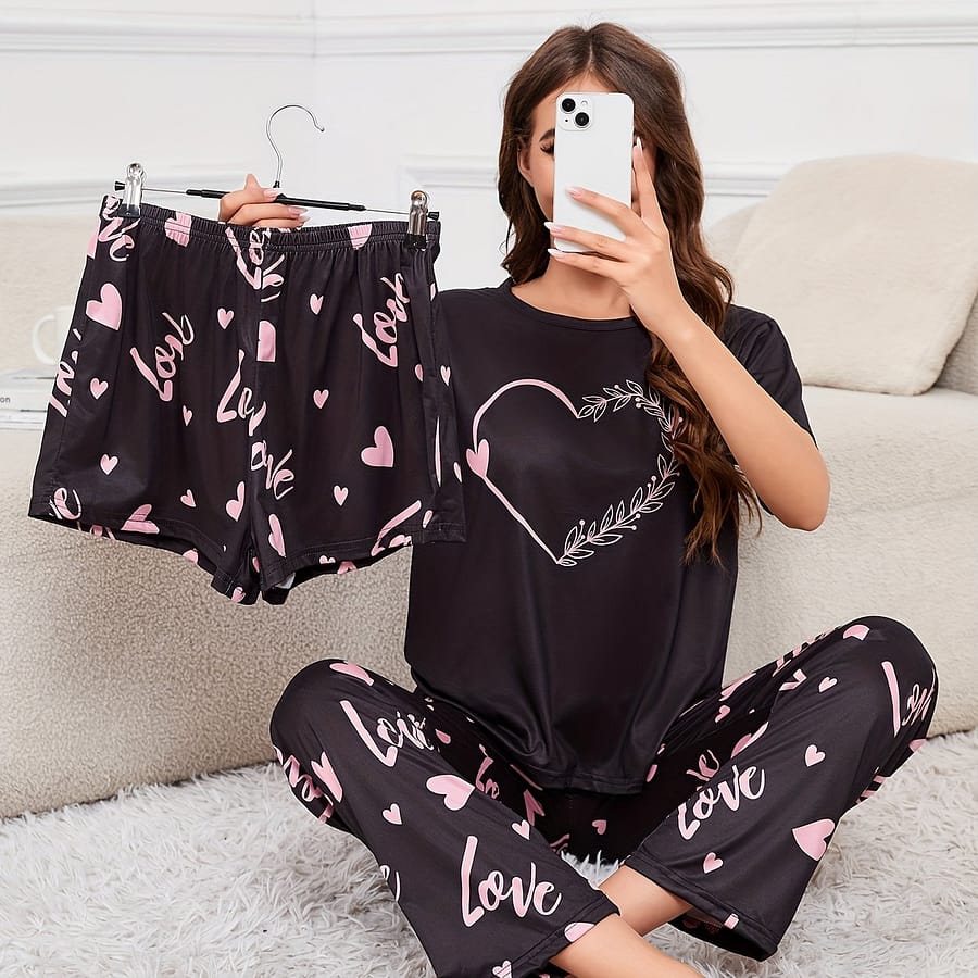 Three-piece Set Of Cute Pajamas, Women’s Cartoon Short-sleeved Round Neck Top And Shorts And Long Pants Casual Outfit Three-piece Set Clothing Shop Online at Dubai Trades 2
