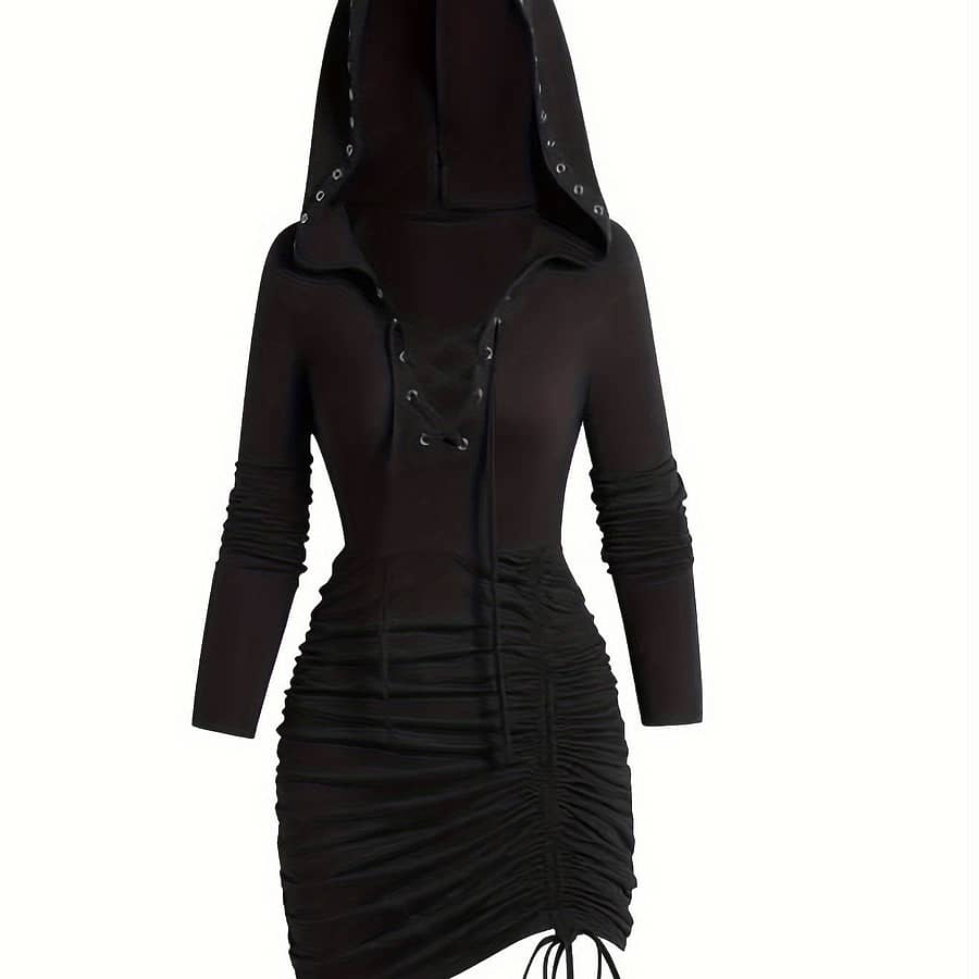 Tie Drawstring Ruched Hooded Tunics, Versatile Long Sleeve Ruched Solid Hooded Top, Women’s Clothing Clothing Shop Online at Dubai Trades 2