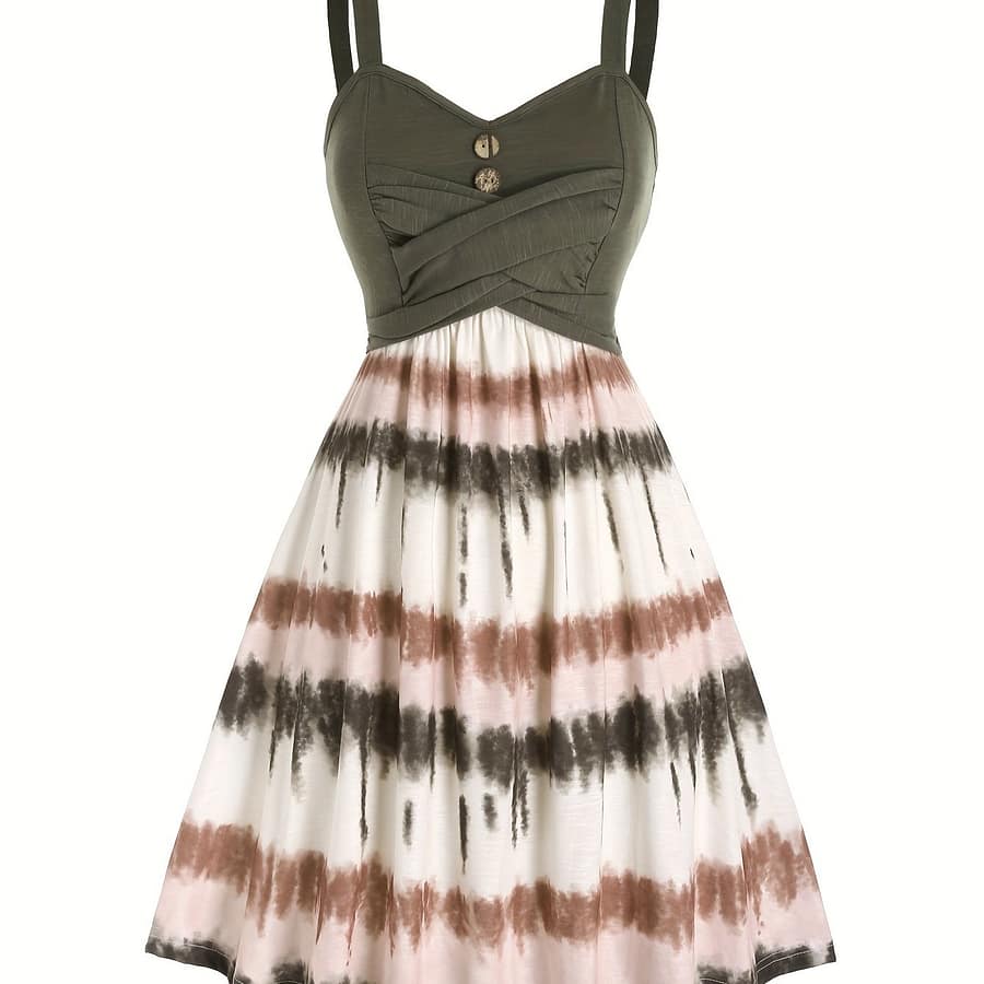 Tie Dye Print Fake Button Dress, Casual Sleeveless Backless For Summer, Women’s Clothing Clothing Shop Online at Dubai Trades 2