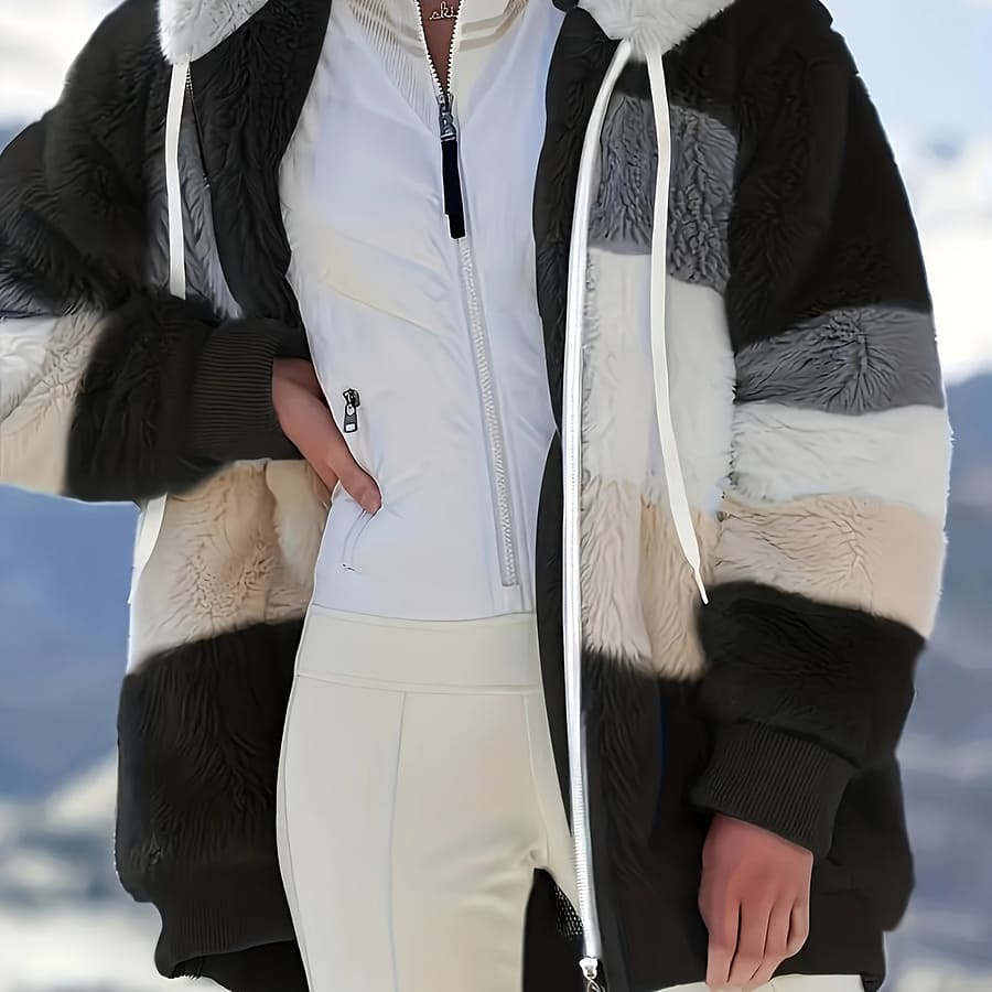 Trendy European And American Autumn And Winter Oversized Color- Plush Zip-up Hooded Jacket For Women [other Mountain Orientation] Clothing Shop Online at Dubai Trades 2