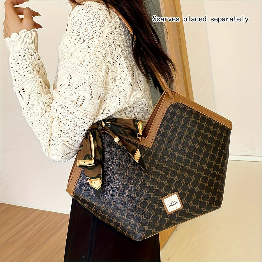 Trendy Geometric Pattern Shoulder Bag, Classic Stitching Tote Bag With Scarf Decor Clothing, Shoes & Jewelry Shop Online at Dubai Trades 2