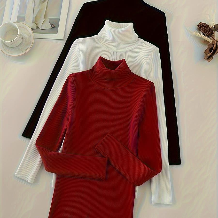 Turtleneck 3 Packs Knitted Pullover Sweater, Casual Solid Color Long Sleeve Sweater For Fall & Winter, Women’s Clothing Clothing Shop Online at Dubai Trades 2