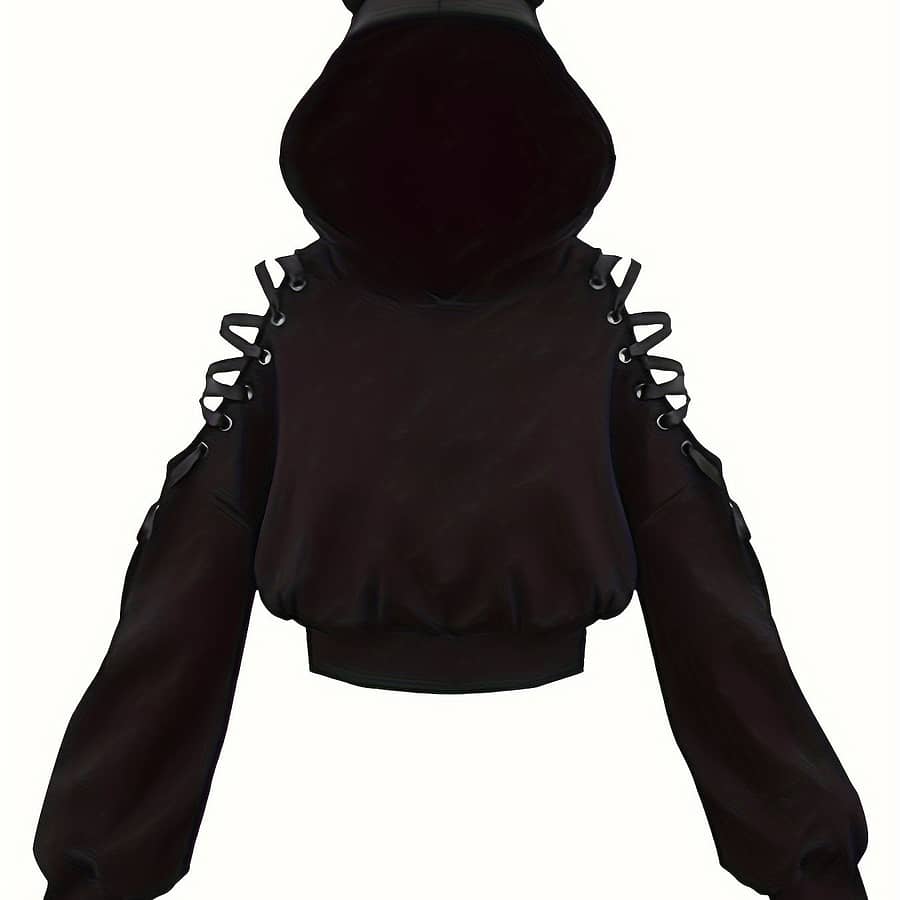 Unique Detail | Women’s Y2k Style Black Hoodie With Cat Ears – Stretchy Polyester Knit, Lace-up Detail, Ribbed Cuffs, Machine Washable, Clothing Shop Online at Dubai Trades 2