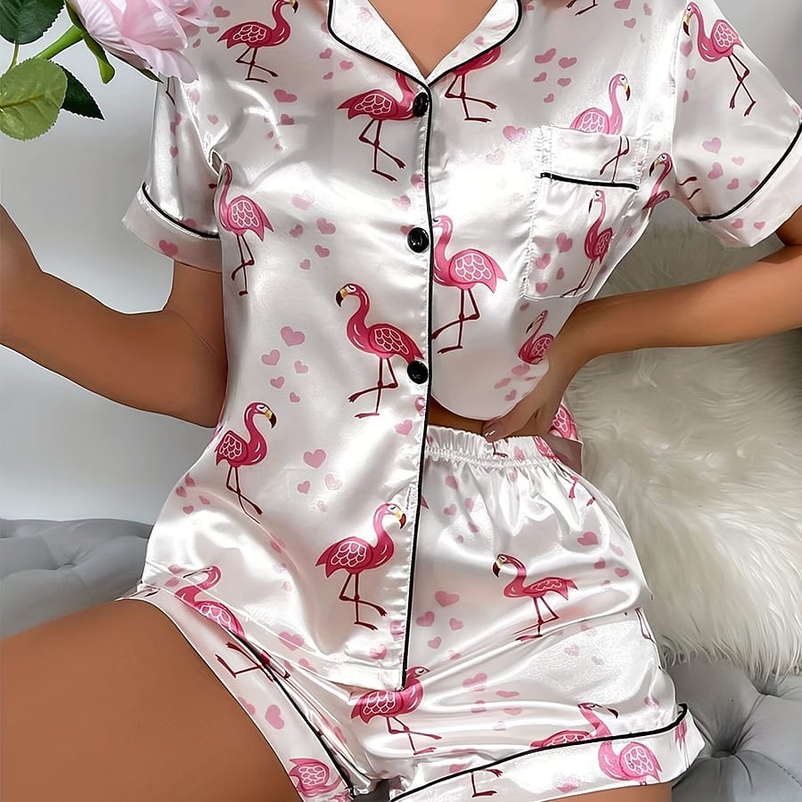 Velvet Color Pink Crane Print Pajama Set Clothing Shop Online at Dubai Trades 2