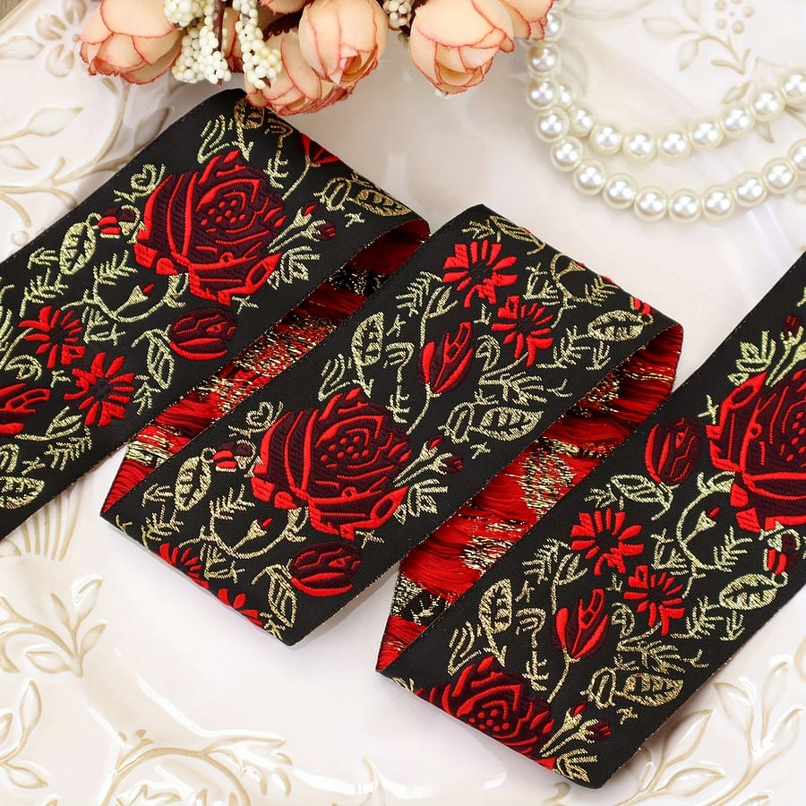 Vintage Embroidered Jacquard Ribbon Lace Trim – Red, Black & Golden Floral Pattern, 2 Inch Width, 5 Yards Length For , Bags, And Craft Accessories Arts, Crafts & Sewing Shop Online at Dubai Trades 2