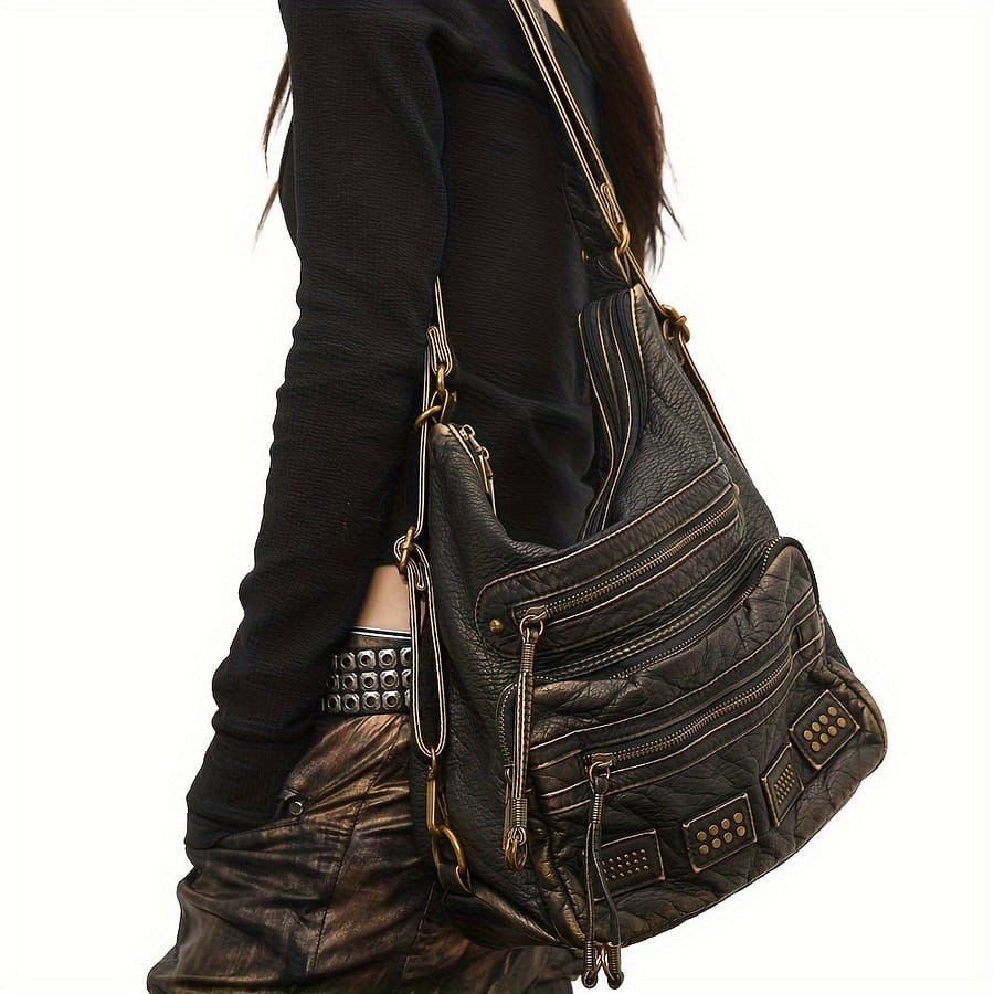 Vintage Rivet Tote Bag For Women – Large Capacity Shoulder & Crossbody Bag With Multiple Zippered Compartments, Golden-tone Hardware, Detachable Strap, Clothing, Shoes & Jewelry Shop Online at Dubai Trades 2