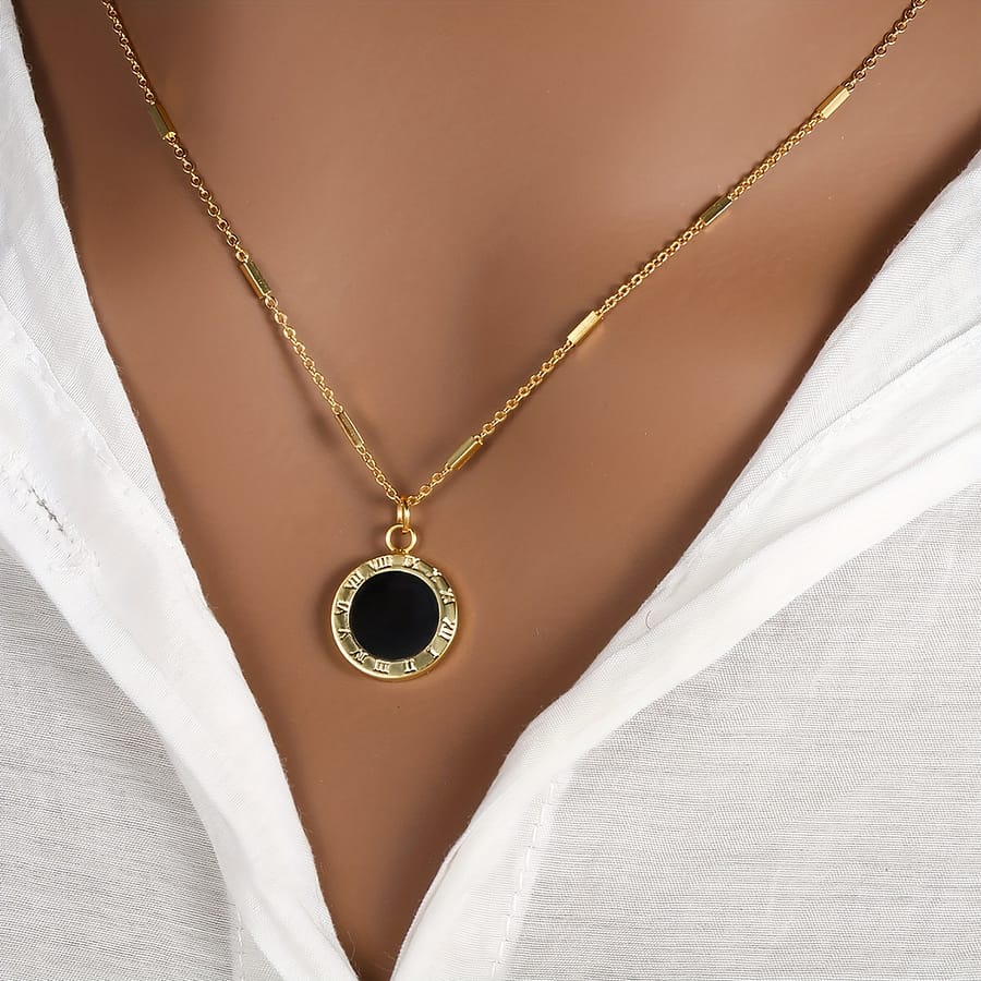 Vintage Style 18k Golden Plated Roman Numeral Black Disc Pendant Necklace, Copper Fashion Jewelry For Daily & Gift , Accessory Clothing, Shoes & Jewelry Shop Online at Dubai Trades 2