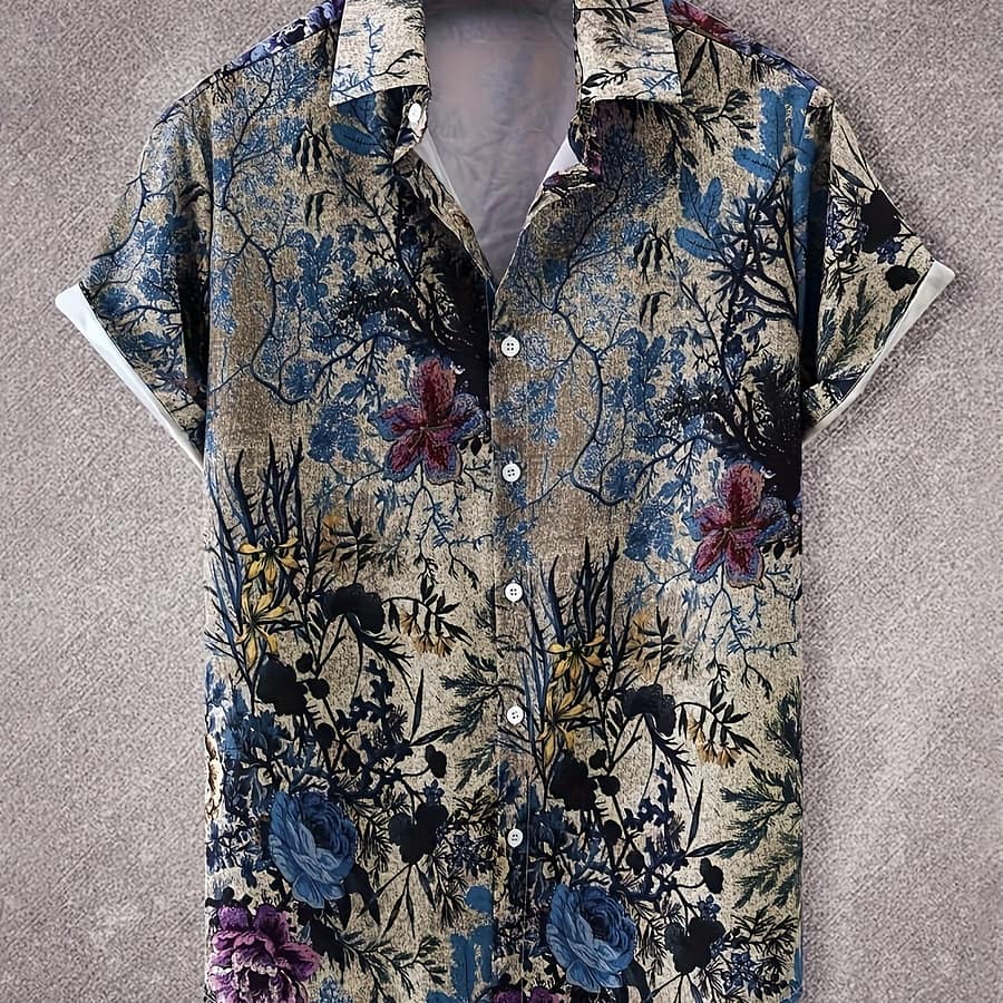 Vintage Style Men’s Floral Allover Print Short Sleeve Lapel Shirt Top, Male Casual Button Up Shirt For Daily And Vacation Resorts Clothing Shop Online at Dubai Trades 2