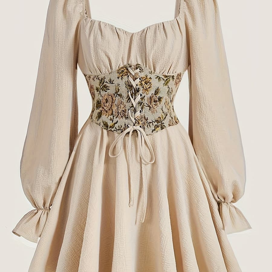 Vintage-inspired Neck Midi Dress With Floral Embroidery & Long Sleeves – Chic Tie-waist Design, Polyester , Machine Washable – Ideal For Fall/winter Clothing Shop Online at Dubai Trades 2