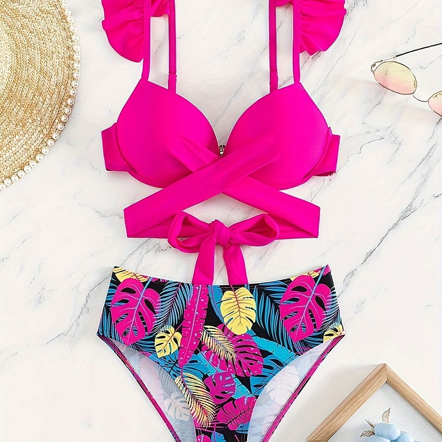 Women’ Bikini Set With Ruffle Trim – V-neck, High Stretch Nylon & Elastane , Non-transparent Random Bikinis Shop Online at Dubai Trades 2