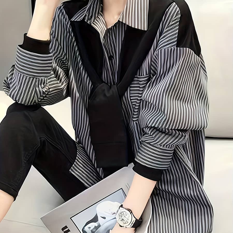 Women’ Black & White Striped Button-up Shirt – Long Sleeve, Collared, Lightweight Polyester For Spring/fall, Casual Fashion Blouse, Ladies Blouses Blouses Shop Online at Dubai Trades 2