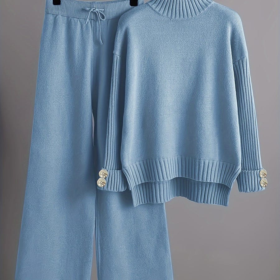 Women’ Color Knit Suit With Half-high Collar Sweater, Loose-fitting Short Front And Long Back, Straight Pants Two-piece Set Clothing Shop Online at Dubai Trades 2