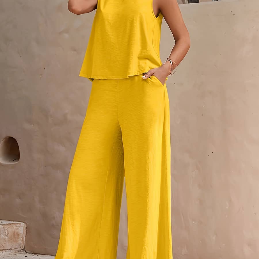 Women’ Red Sleeveless Top & Wide-leg Pants Set – Polyester, Solid Color, Spring/summer Casual Wear, Sleeveless Blouse|casual Attire|polyester Fabric Clothing Shop Online at Dubai Trades 2