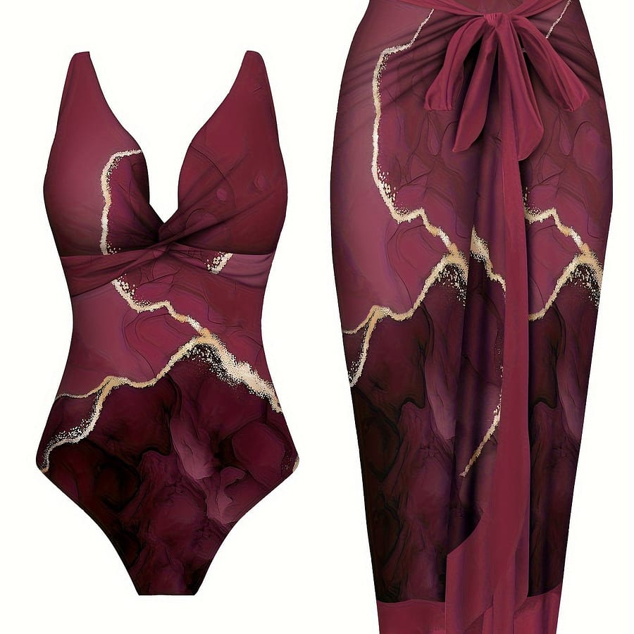 Women’-piece Beachwear Set, Printed One-piece Bathing-suit With Crisscross Detail And Matching Tie-waist Skirt, Elegant Party Wear Clothing Shop Online at Dubai Trades 2