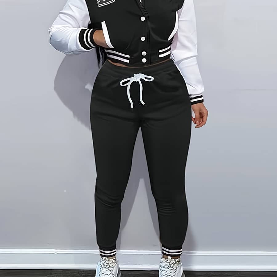 Women’s 2pcs Sweatshirt And Sweatpants Set, Two-piece Sportswear, Single Row Baseball Jacket Clothing Shop Online at Dubai Trades 2