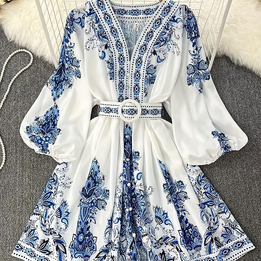 ] Women’s Bohemian Floral Print Half-sleeve Midi Dress With Belt – V-neck, Lightweight Polyester, Summer Vacations, Casual Summer Wear| Dress|lightweight Dress, Holiday Dress Clothing Shop Online at Dubai Trades 2