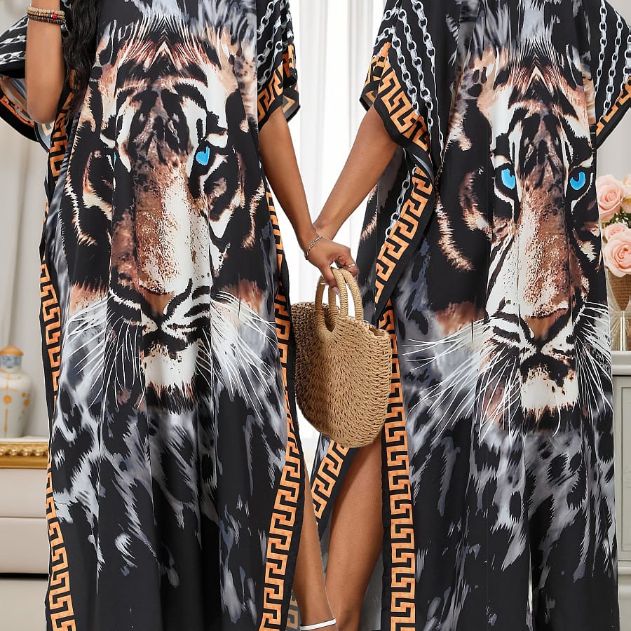Women’s Boho Up, Plus Size Tiger Print V Neck Pullover Loose Fit Beach Kaftan Dress For Fall & Winter Clothing Shop Online at Dubai Trades 2