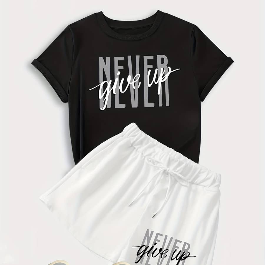 Women’s Breathable Activewear Set – Casual Short Sleeve Tee & Quick-dry Shorts With Geometric Print, Machine Washable Active Shop Online at Dubai Trades 2