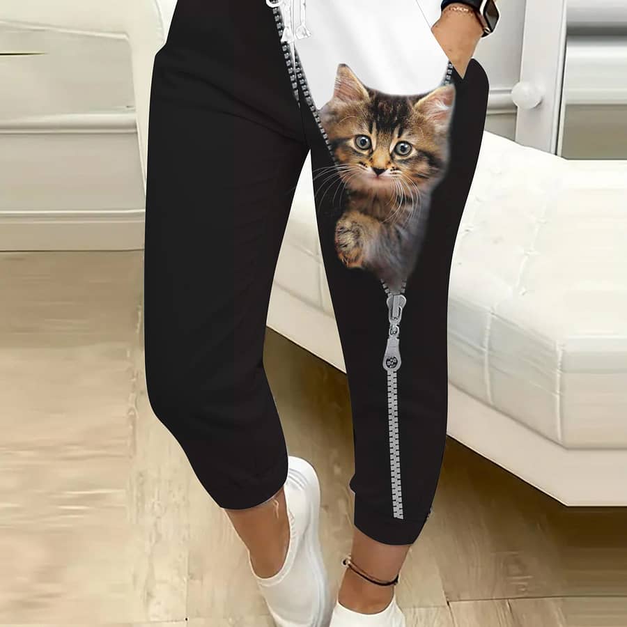 Women’s Casual 3d Cat Print Drawstring Joggers With Pockets – Stretchy Polyester , Machine Washable, Ladies Jogging Suits Clothing Shop Online at Dubai Trades 2
