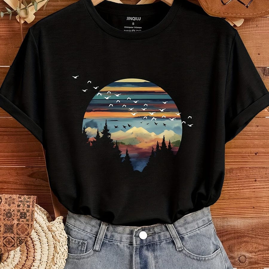 Women’s Casual Crew Neck T-shirt With Scenic Landscape Print, Short Sleeve, Medium Stretch Fabric, Regular Fit – G7271, Summer Top | Relaxed Fit Tee | Stylish Landscape Print Clothing Shop Online at Dubai Trades 2