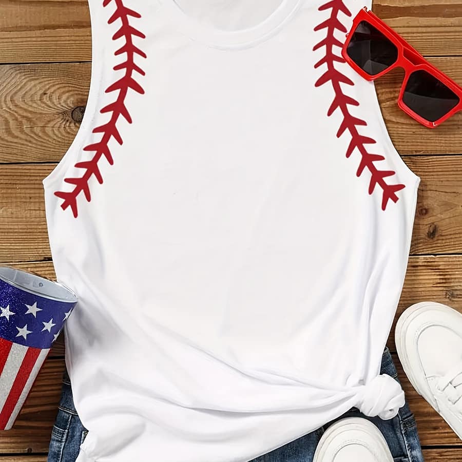 Women’s Casual Crew Neck Tank Top With Baseball Print, Polyester 60%, Rayon 35%, Spandex 5%, Knit Fabric, Solid Color Sleeveless Shirt For Clothing Shop Online at Dubai Trades 2