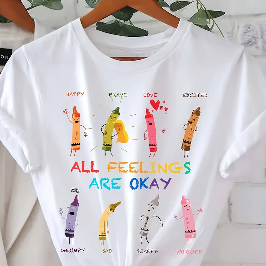 Women’s Casual Graphic T-shirt – Short Sleeve Crew Neck, “all Feelings Are Okay” Pencil Print, Black Polyester Blend Top For Clothing Shop Online at Dubai Trades 2