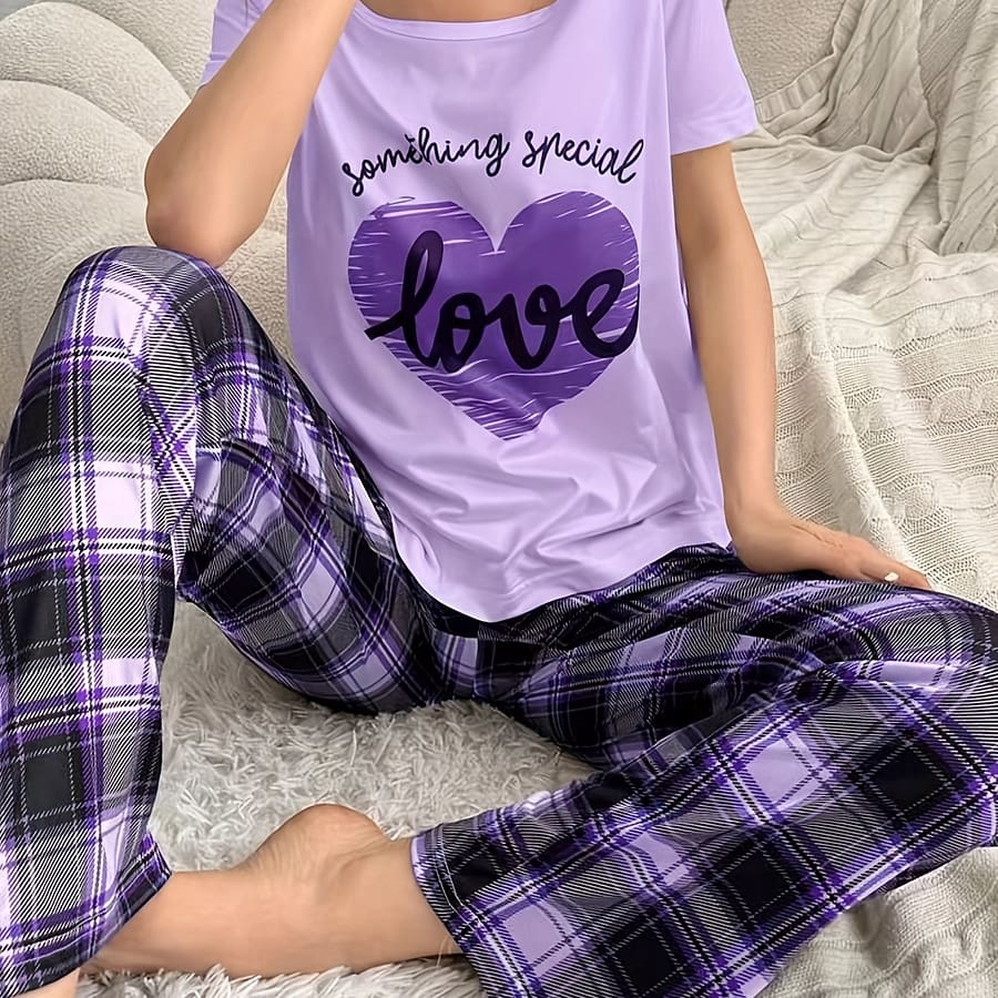 Women’s Casual Heart & Letter Print Pajama Set, Short Sleeve Round Neck Top & Plaid Pants, Comfortable Relaxed Fit Clothing Shop Online at Dubai Trades 2