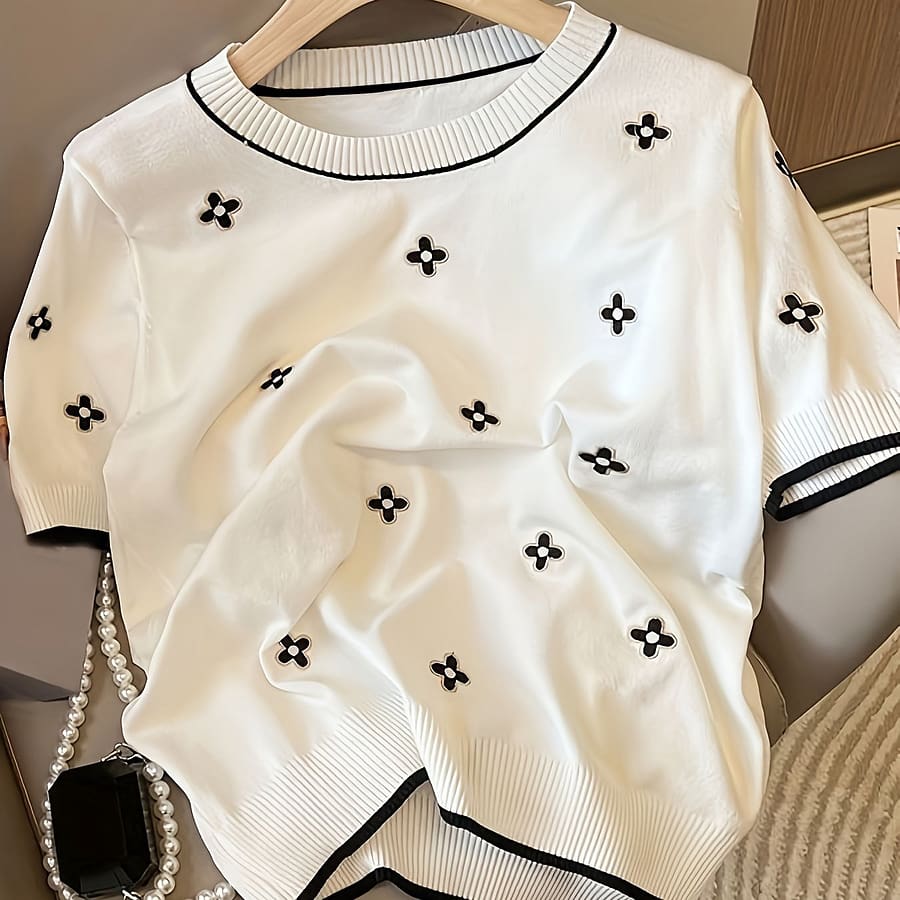 Women’s Casual Knit Sweater – Lightweight, Embroidered, Crew Neck, Short Sleeve Top In Contrast Colors Clothing Shop Online at Dubai Trades 2