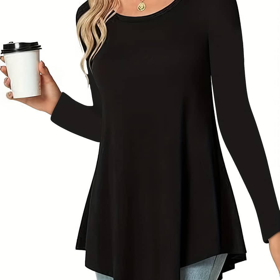 Women’s Casual Long Sleeve Tunic Top, Polyester 95% Spandex 5% Knit Fabric, Solid Color Crew Neck Blouse For Spring/summer/fall, Spring Summer Blouse|tunic Style|solid Color Top Clothing Shop Online at Dubai Trades 2
