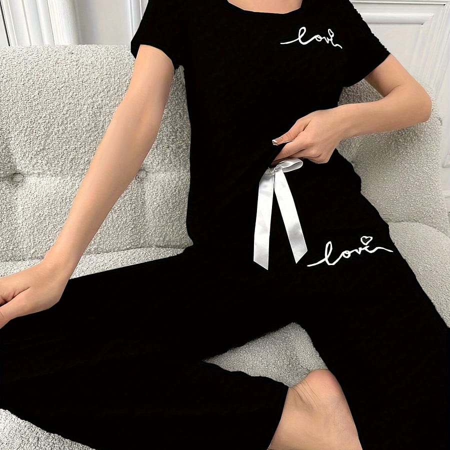 Women’s Casual Polyester Pajama Set, Crew Neck Short Sleeve T-shirt With Letter Print And Bow Detail, Knit Fabric, All Season Clothing Shop Online at Dubai Trades 2