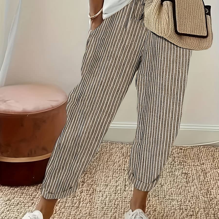 Women’s Casual Striped Cropped Pants With Slant Pockets – Loose Fit, Polyester, Khaki & White Vertical Stripes, Machine Washable, Casual Attire Or Vacation Clothing Shop Online at Dubai Trades 2