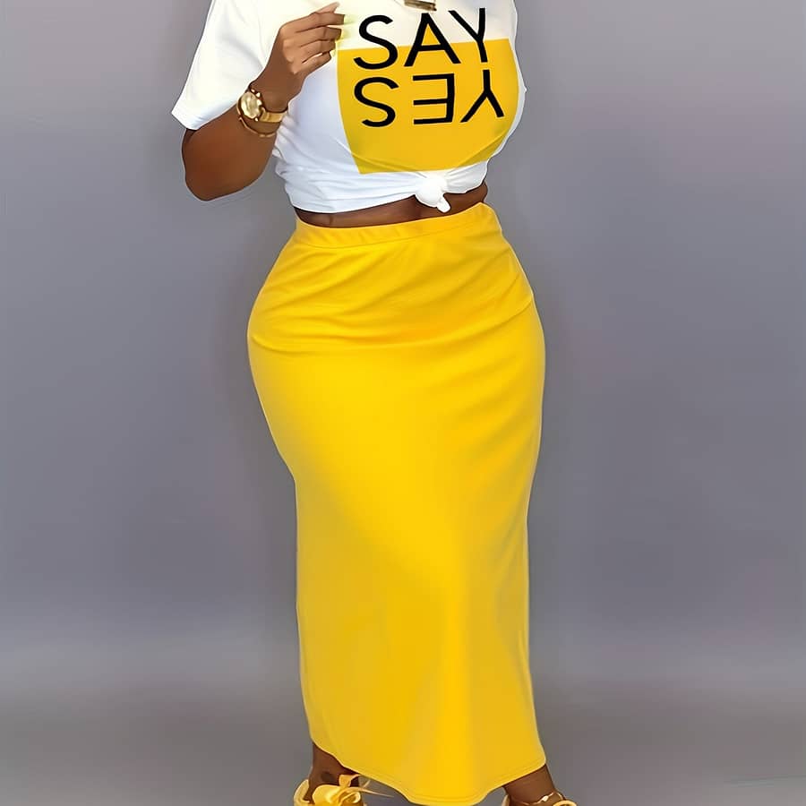 Women’s Casual Two-piece Set: Letter Print Crew Neck T-shirt & Orange Side-slit Skirt – Stretchy Polyester Blend, Machine Washable, Relaxed Fit Attire|letter |stretchy Fabric Clothing Shop Online at Dubai Trades 2