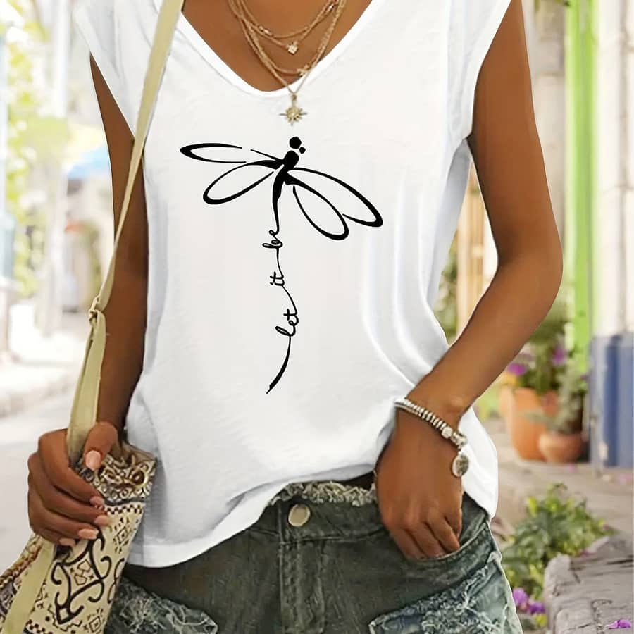 Women’s Casual V-neck T-shirt With Geometric Print – Soft Polyester Blend, Machine Washable, Clothing Shop Online at Dubai Trades 2