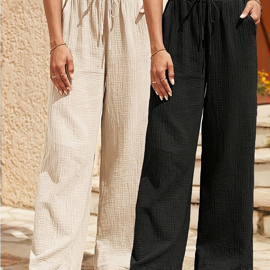 Women’s Casual Wide-leg Pants 2pcs – Comfortable Drawstring Waist, Solid Color, Polyester, Machine Washable – Beige And Black Clothing Shop Online at Dubai Trades 2