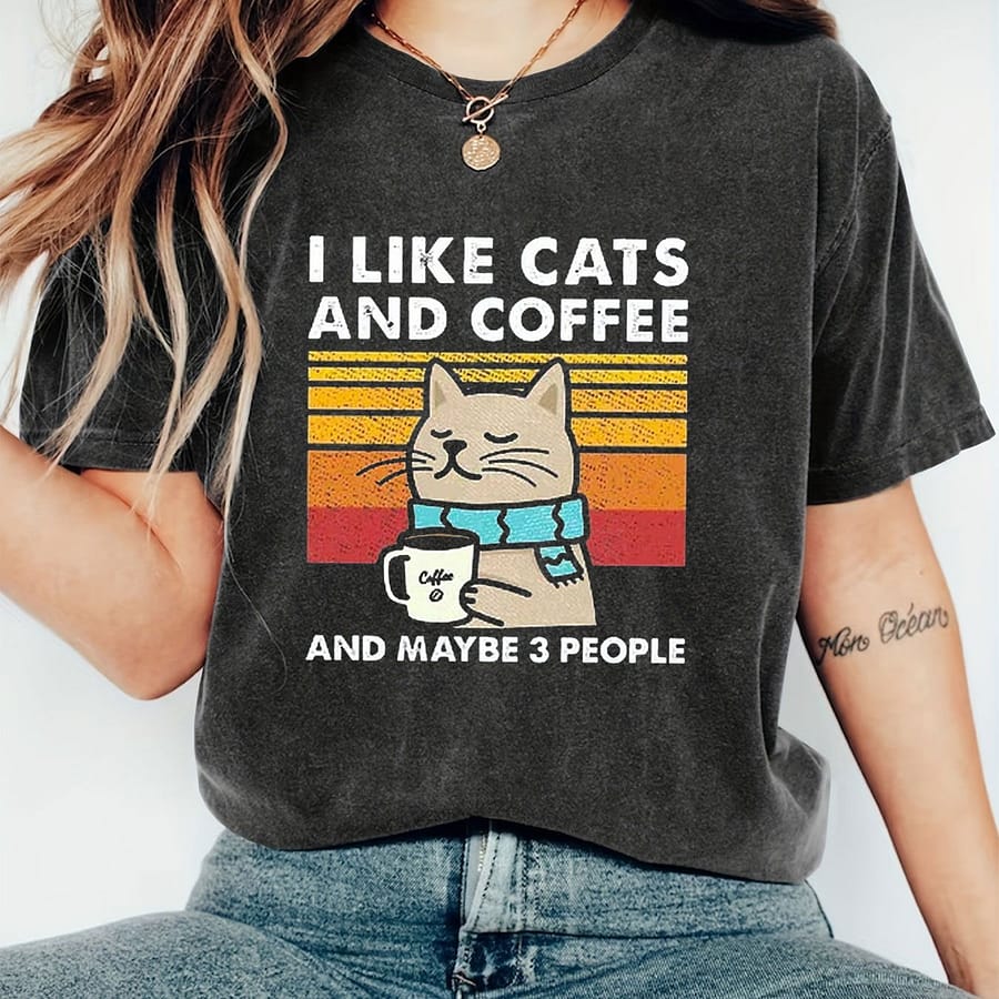 Women’s Casual “i Like Cats And Coffee” Graphic T-shirt – Short Sleeve, Round Neck, Polyester, Lightweight, Tee With Cat And , Casual Wear | Print | Knit Construction, Cat Lover Gifts Clothing Shop Online at Dubai Trades 2