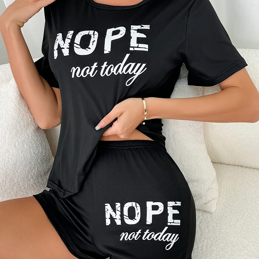 Women’s Casual “nope Not Today” Print Short Sleeve T-shirt And Shorts Pajama Set, Comfortable Loungewear, Sleepwear Outfit Clothing Shop Online at Dubai Trades 2