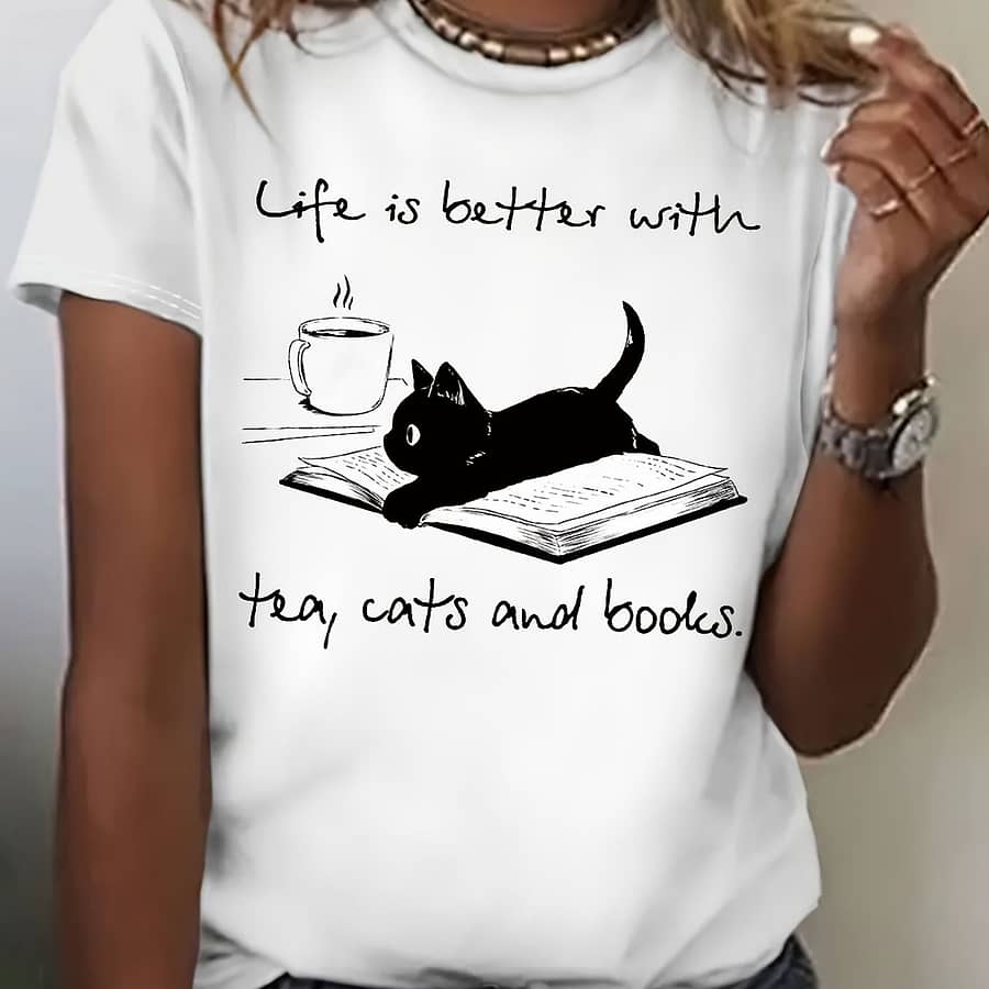 Women’s Cat T-shirt – ” With Tea, Cats And Books” Design, Short Sleeve Crew Neck Casual Top For , Soft Polyester , Comfortable & Stylish Casual Attire Clothing Shop Online at Dubai Trades 2