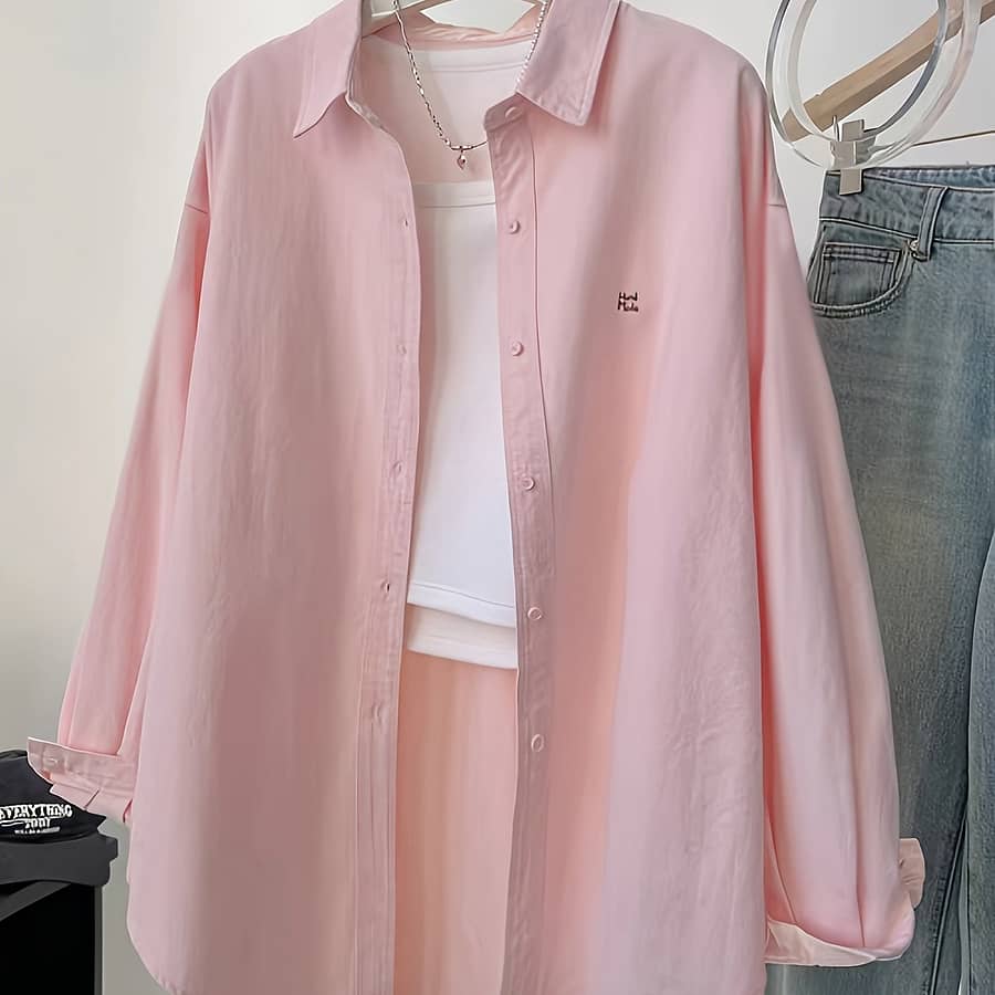 Women’s Chic Embroidered Long Sleeve Shirt, 100% Polyester, Woven Fabric, 120g/m², Lapel Collar, Spring/summer Fashion, Loose Protection Top Blouses Shop Online at Dubai Trades 2