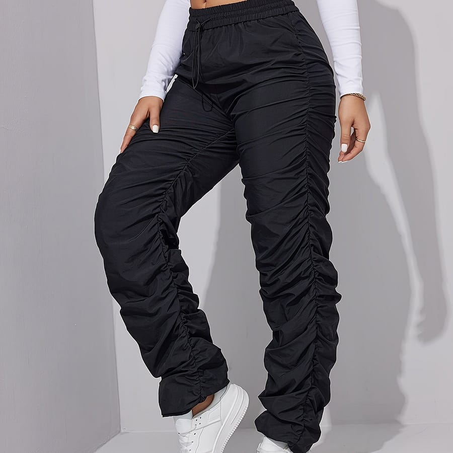 Women’s Chic High-waist Ruched Joggers – Solid Color, Nylon & Polyester , Machine Washable, Waist, Long Pants Clothing Shop Online at Dubai Trades 2