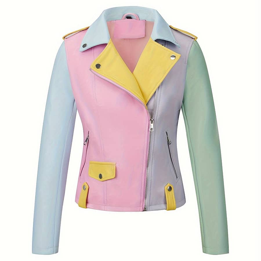 Women’s Color Pu Leather Biker Jacket – Light Blue, Pink & Casual Zip-up Outerwear With Cuffs For Spring/fall Clothing Shop Online at Dubai Trades 2