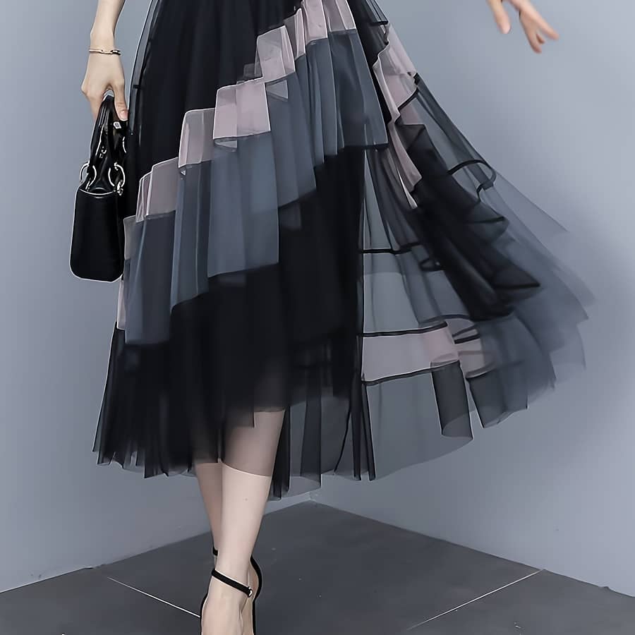 Women’s Elegant Black And Gray Color Mesh Overlay Skirt – Casual A-line With Tulle Detailing, Clothing Shop Online at Dubai Trades 2