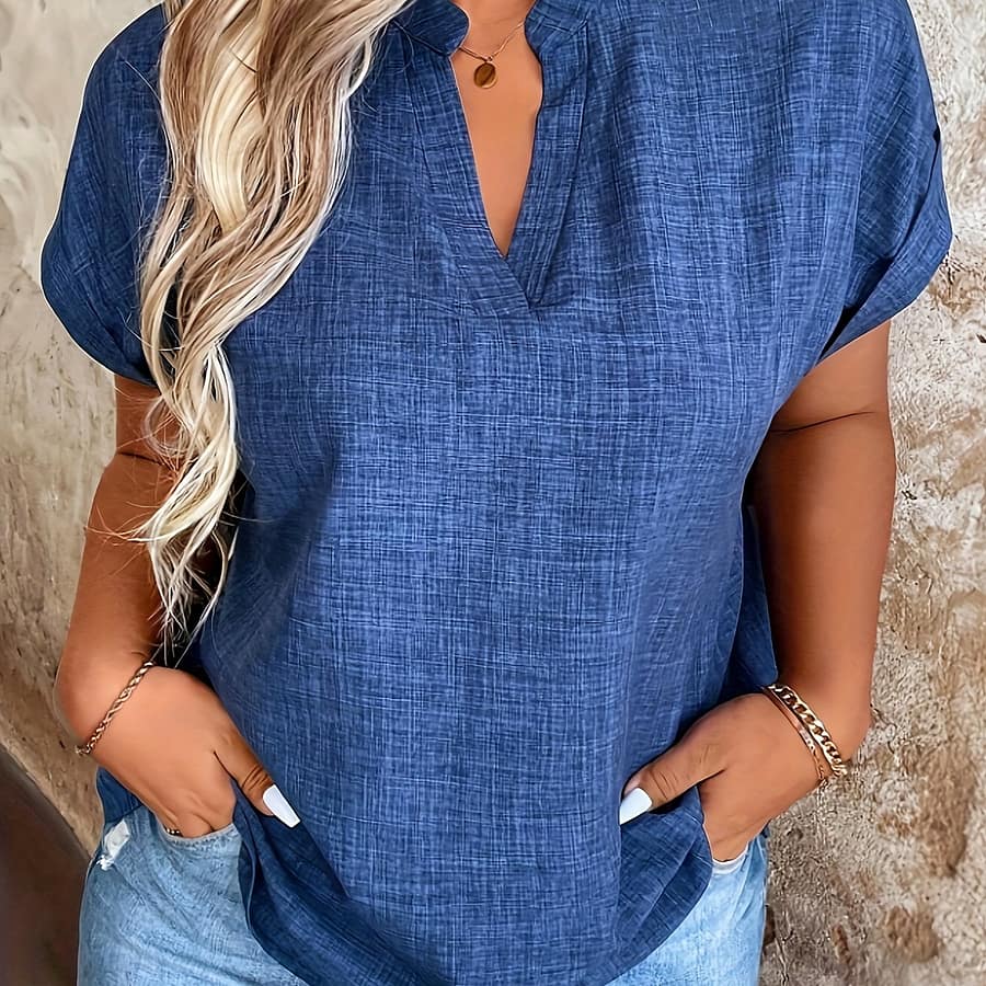 Women’s Elegant Blue Notched V-neck Blouse With Batwing Sleeves – Polyester, Machine Washable, Spring/summer Fashion, Casual Summer Wear|elegant Blouse|polyester Fabric Blouses Shop Online at Dubai Trades 2