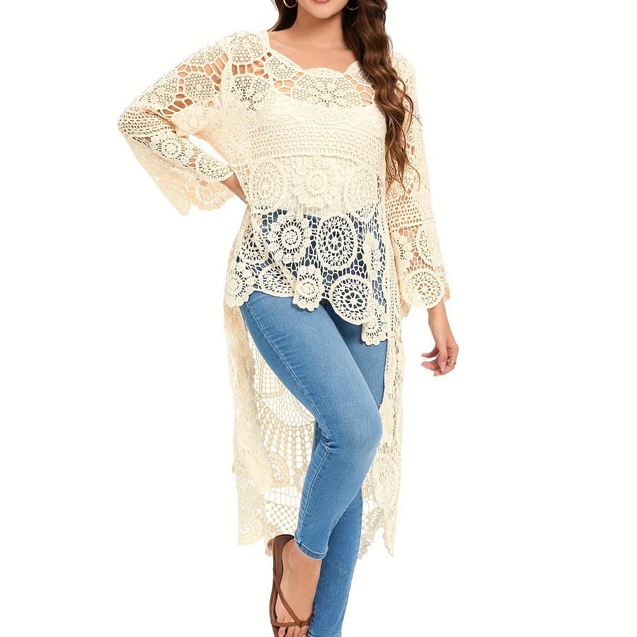 Women’s Elegant Crochet Floral Pattern Cover-up, Bohemian Style Long Sleeve Round Neck High-low Hem Beach Tunic, Swimwear And Resort Wear For Women Clothing Shop Online at Dubai Trades 2