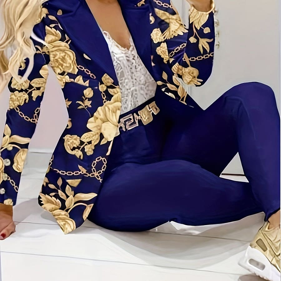 Women’s Elegant Floral Print Chain Print Blazer Set, Polyester Spandex , Machine Washable, Spring/autumn Fashion Blazers Shop Online at Dubai Trades 2